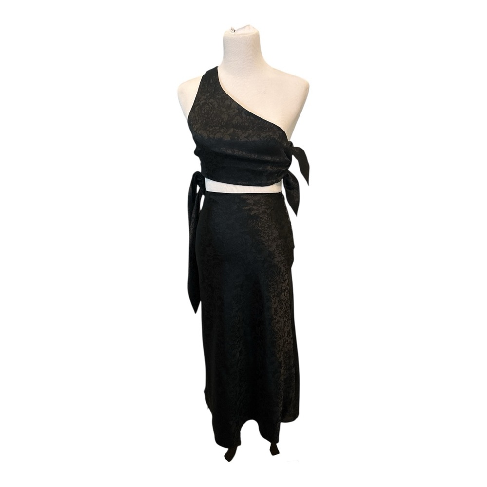 WAYF Dress Womens Sz Small Black One Shoulder Sexy Cut Out Satin Cropped Bodycon